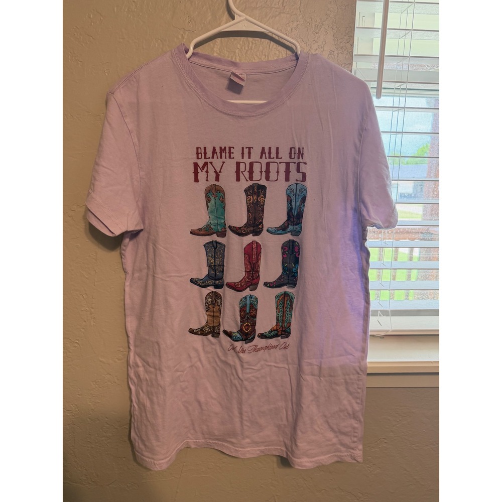 Blame It All On My Roots Cowboy Boots Graphic T-Shirt Lavender Purple Medium